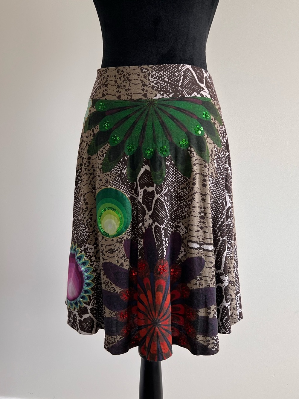 Desigual Boho Circle & Floral Print Skater Skirt - Snake Print and Sequins